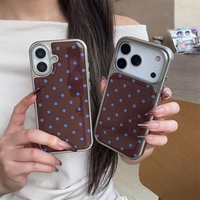 

Korean Brown Base & Blue Polka Dot Retro Case for iPhone 17 Pro Max / Apple 16 / 15 / 14 13