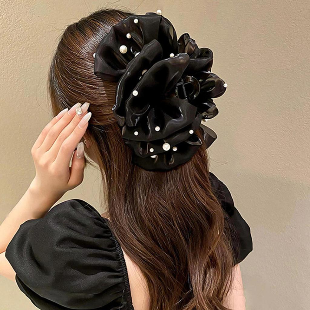 Hair Claw For Women Large Pearl Bow Gauze Shark Gripper Claw Elegant Exquisite Updo Hair Clip Girls Hair Accessories