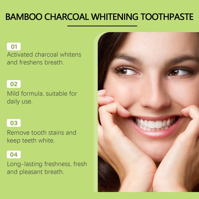 Oralhoe Bamboo Charcoal Toothpaste freshens breath brightens teeth improves yellowing teeth removes stains.