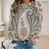 Women Plus Size Round Neck Long Sleeve Floral Printed Teal Green Ribbed Cuffs Sweatshirt