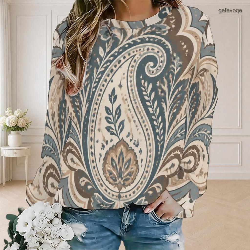 Women Plus Size Round Neck Long Sleeve Floral Printed Teal Green Ribbed Cuffs Sweatshirt
