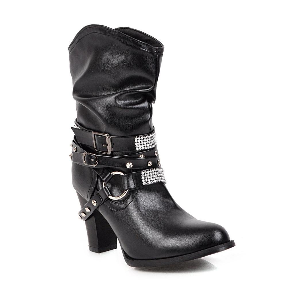 J/Winter New High Heel Thick Heel Round Toe Short Boots European and American Feng Shui Diamond Belt Decorative Women's Boots