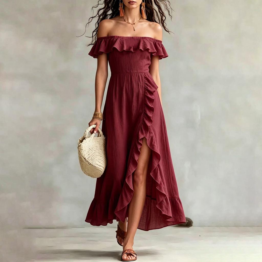 Modisches Sexys Rüschen-Einschulter-Kleid für Damen, temperamentvoll, für den Urlaub, locker