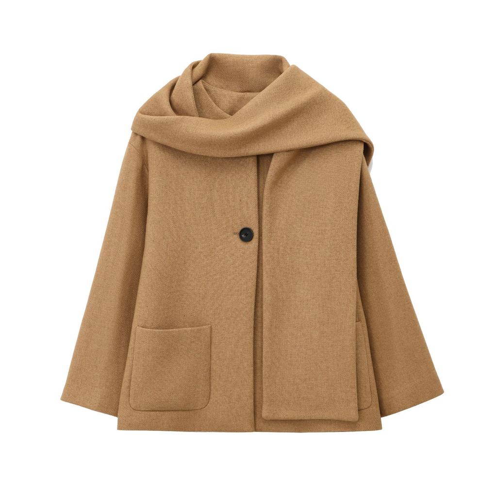2026 Fashion Temperament Blend with Scarf, Round Neck, Long Sleeve Coat Coat for Women