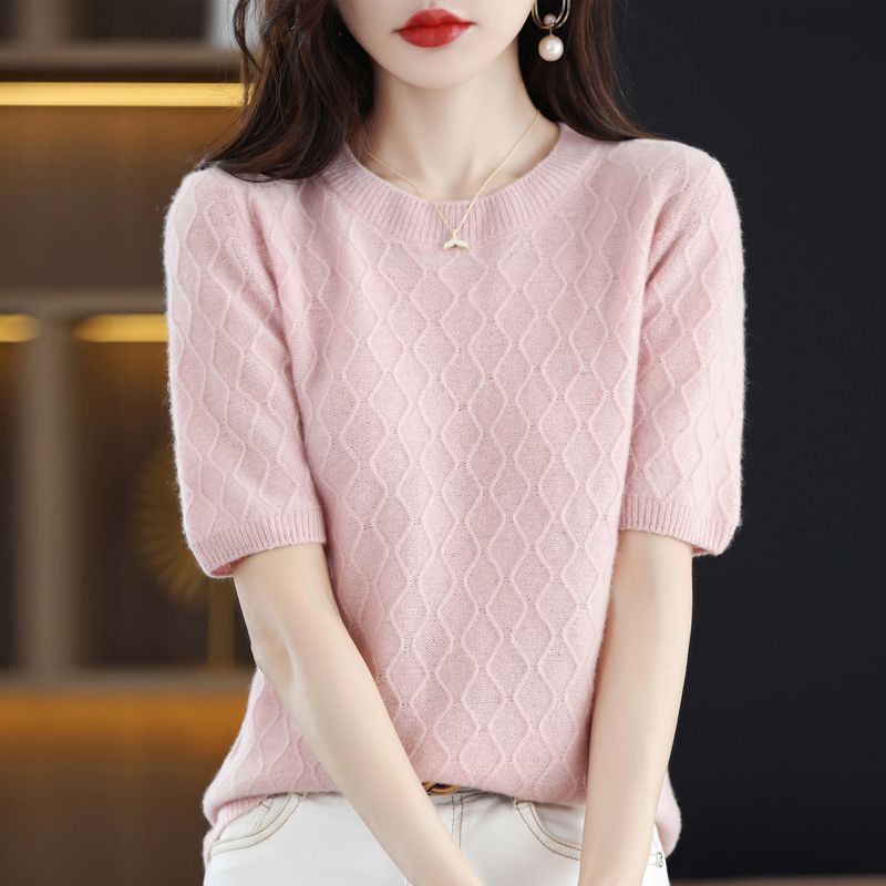 Winter Knitted Short Sleeve T-shirt Women's Loose Bottom Shirt Mid Sleeve Top