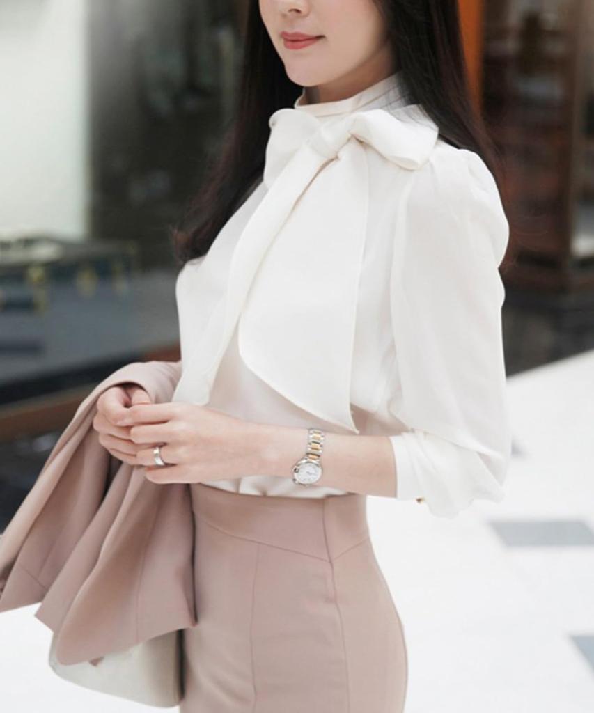 Doors Ribbon Long Plus Stylish Band Collar Fluffy Relaxed Cool Biz Voluminous Women's Stand-Up Collar, Shirt, Sleeve, Elegant, Business, Formal,