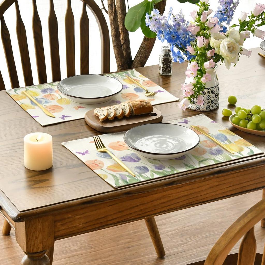 4Pcs, Watercolor Tulip Butterfly Placemats, Washable, Suitable for Holiday Parties, Home Decor, Kitchen Countertops, Rectangular Dining Tables
