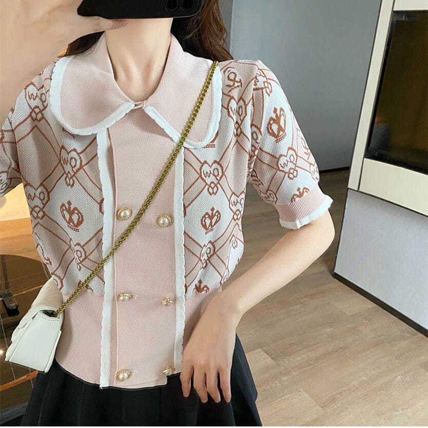 Summer Dress Women's Temperament Doll Collar Short Sleeved Double Breasted Crown Shaped Heart-shaped Jacquard Slim Fitting Knitted Sweater Top
