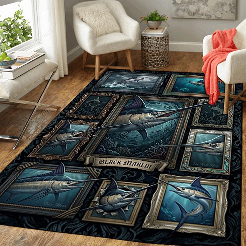 Black Marlin Collection Pattern Rug Floor Mat for Living Room or Bedroom Soft and Comfortable Carpet a Gift for Birthday and Holiday.