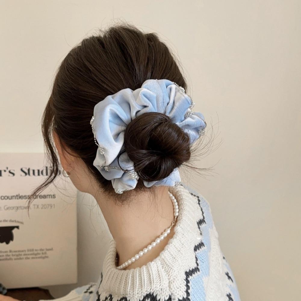 Blue Velvet Scrunchies Elastic Rhinestone Hair Rope Cute Hair Accessories  Streetwear