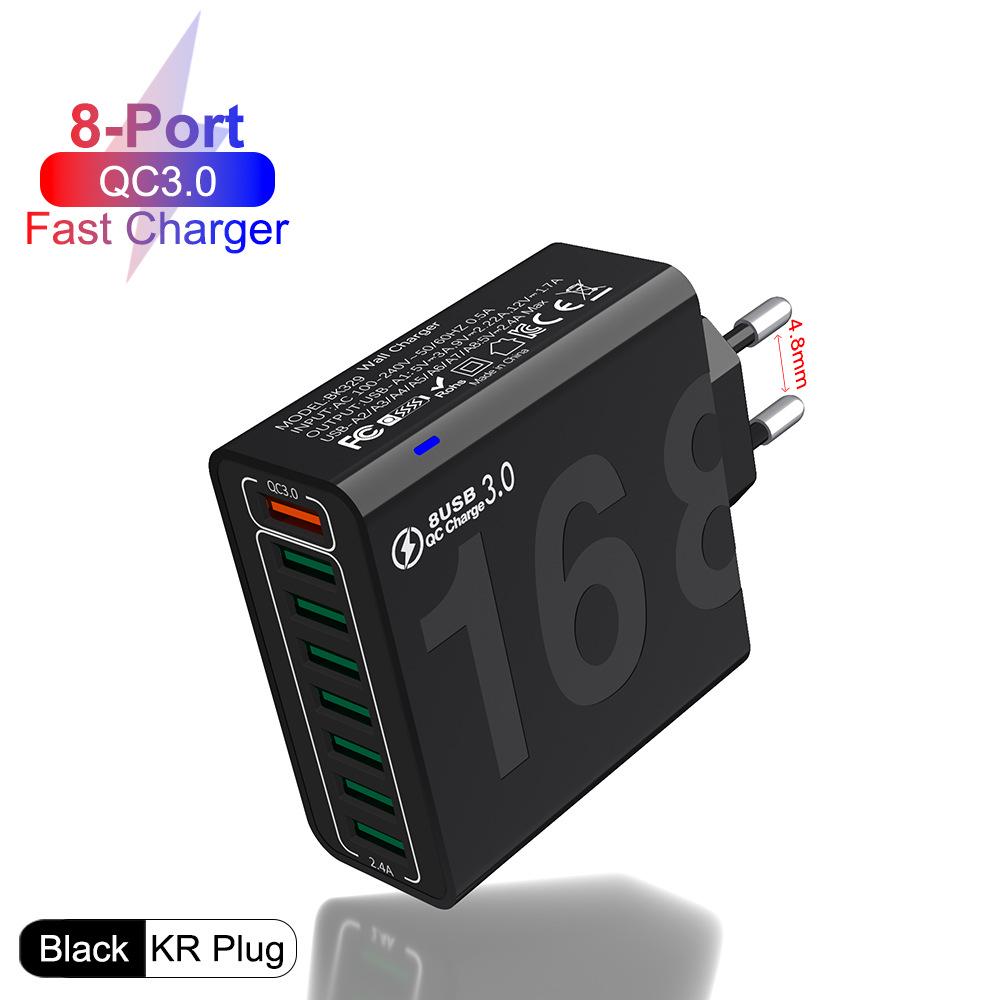 8-Port QC3.0 Fast Charging Travel Charger for Europe, America & Korea - Mobile Phone Charger