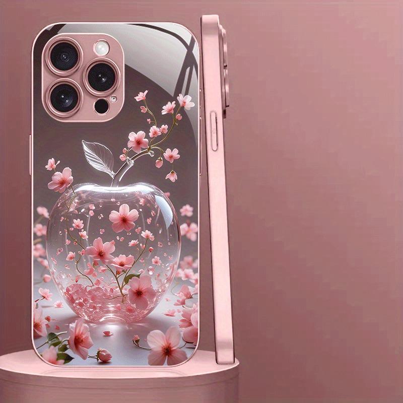 Cherry Blossom For Apple Pattern Pink Metal Paint Tempered Glass Case For iPhone 17 16 15 14 13 12 Pro Max Plus 16E 17Air Cover