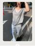Women's Short-Sleeve V-Neck T-Shirt – Popular Loose Fit, Faux Two-Piece, Lazy Style Design