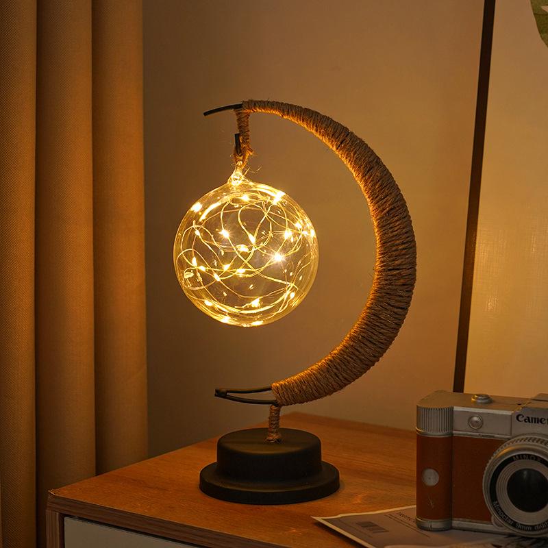 LED Star and Moon Vine Ball Desk Lamp with Hemp Rope and Iron Art - USB Decorative Night Light