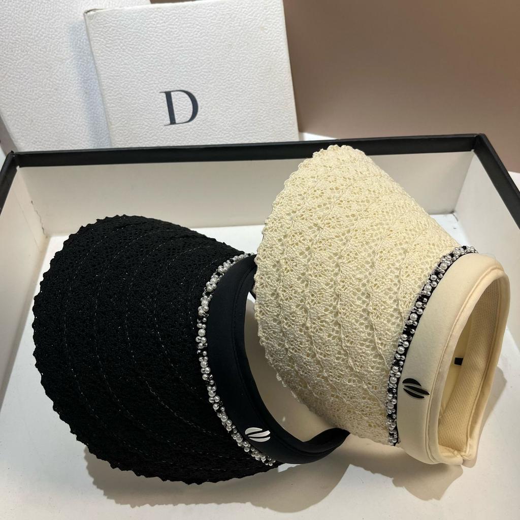 Summer Headless Sun Hat Women'S Small Fragrant Wind Sweet Pearl Lace Double Layer Ice Silk Anti-Ultraviolet Empty Top Hat