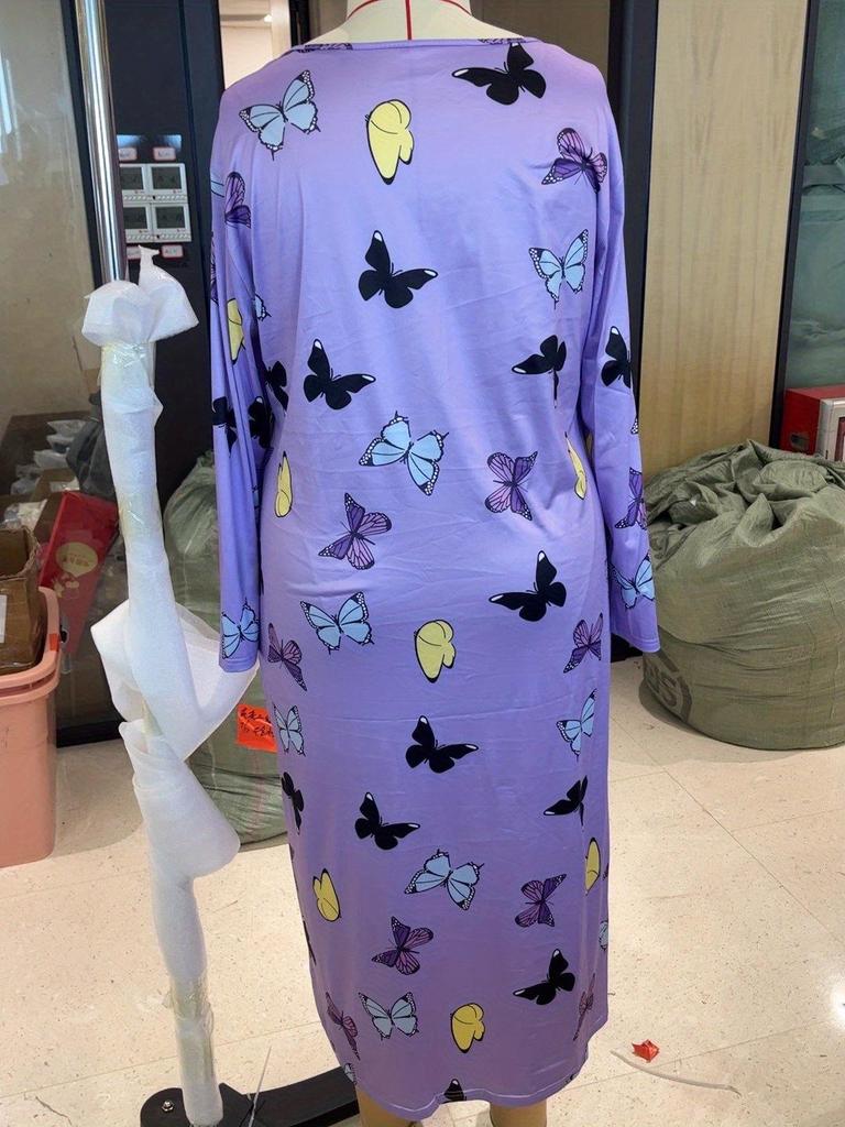 2025 European Plus Size Long Sleeve Butterfly Heart Leopard Print Nightgown