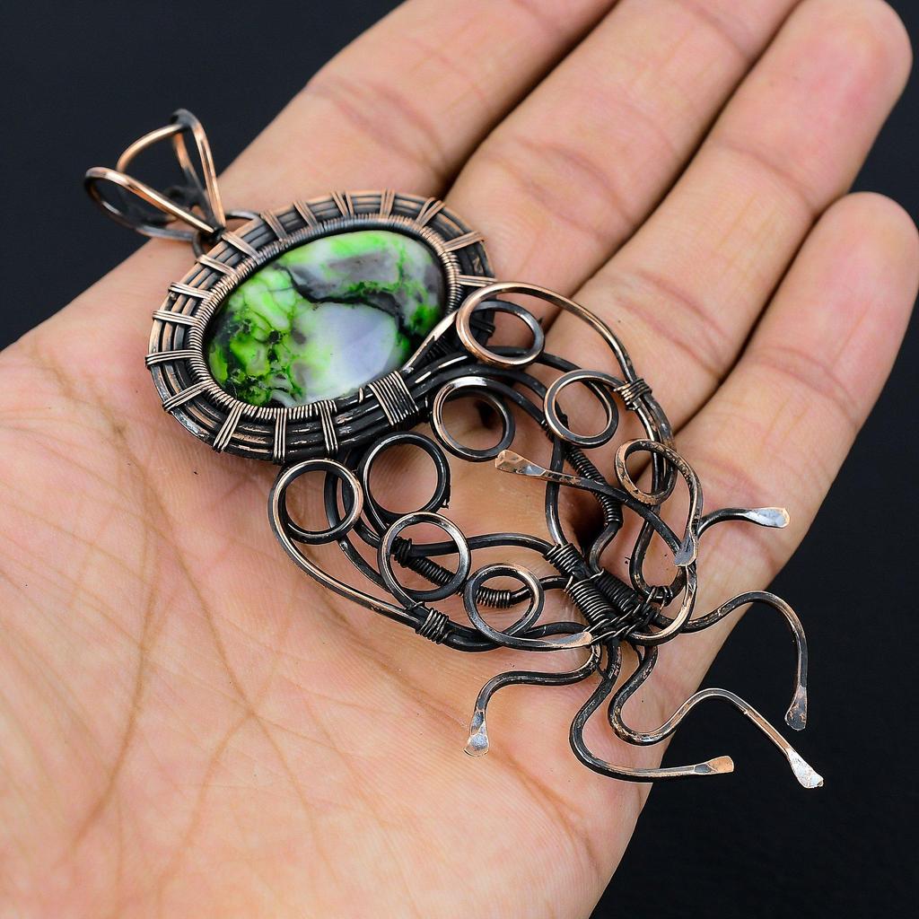 Green Dendrite Opal Gemstone Copper Wire Wrap Handmade Pendant Designer Jewelry