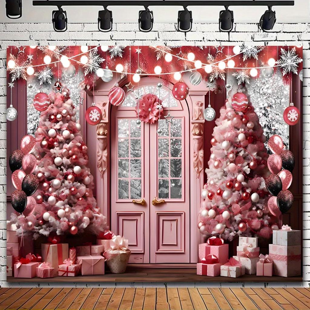Pink Christmas Trees Balloons Snowflake Decoration Background Winter Photography Backdrop Decorations For Photo Studio Photo Booth Christams Party