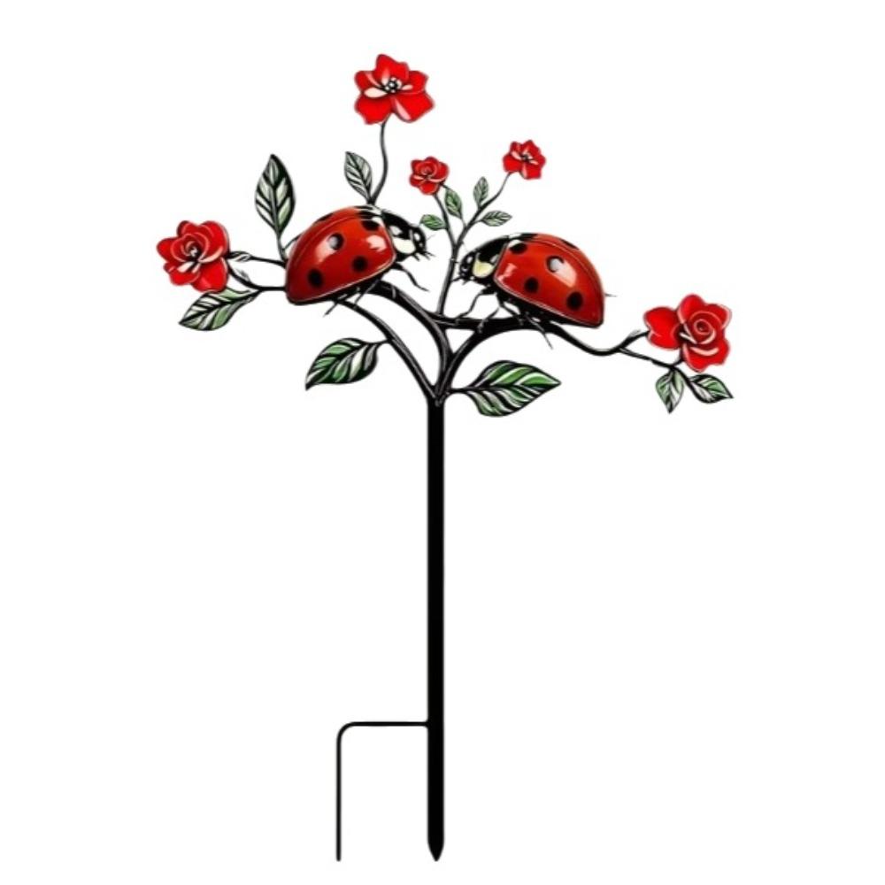 2D Flat Red Bird Garden Stake Iron Handmade Flower Branch Ground Plug Animals Pattern Funny Outdoor Yard Art Yard Ornament