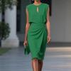 Dames mouwloze ronde hals keyhole ruches taille bodycon midi jurk voor kantoor