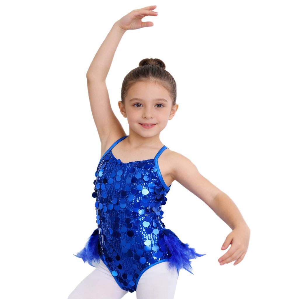 Kids Girls Dance Performance Costume Sleeveless Side Invisible Zipper Back Mesh Patchwork Feather Glittery Sequin Leotard