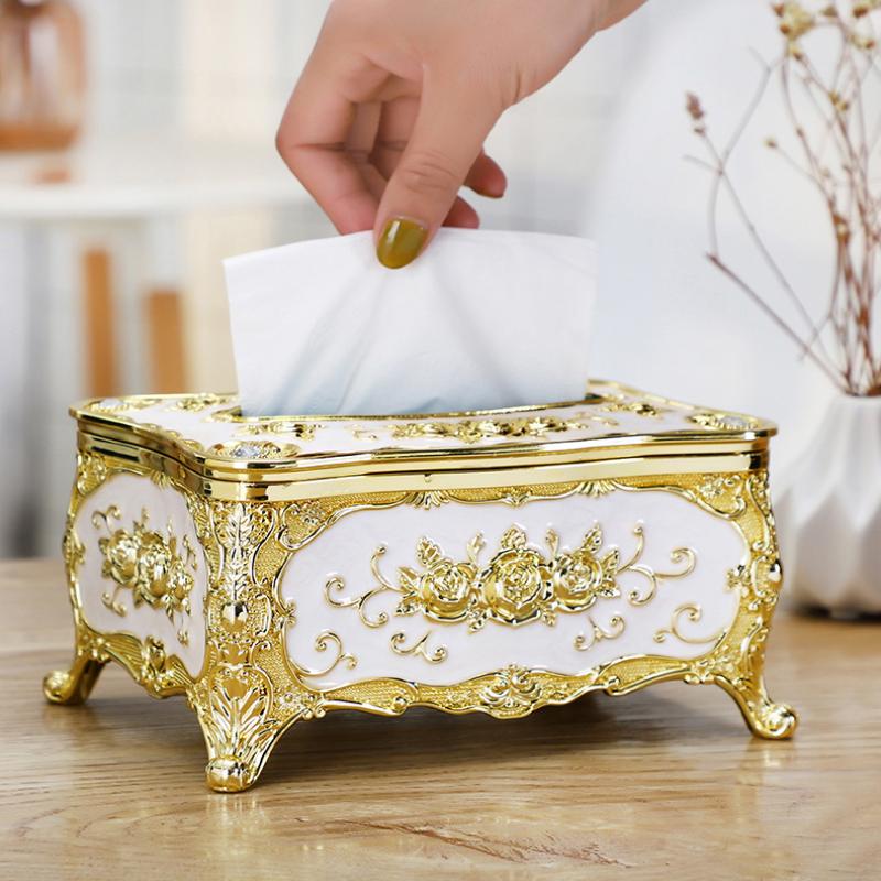 Rose Pattern Golden-Plated Tissue Box American Style Paper Holder Suitable For Multiple Rooms Home Desktop Decor