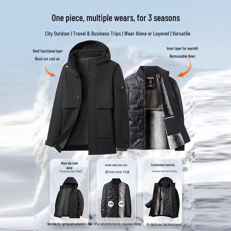 Men's 3-in-1 Detachable Hood Goose Down Winter Parka