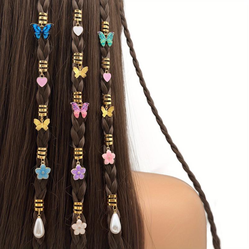 20Pcs Butterfly Braid Clips Crystal Dreadlock Hair Accessories Colorful Butterflies Pendant Charms Pearl Shiny Hair Jewelry