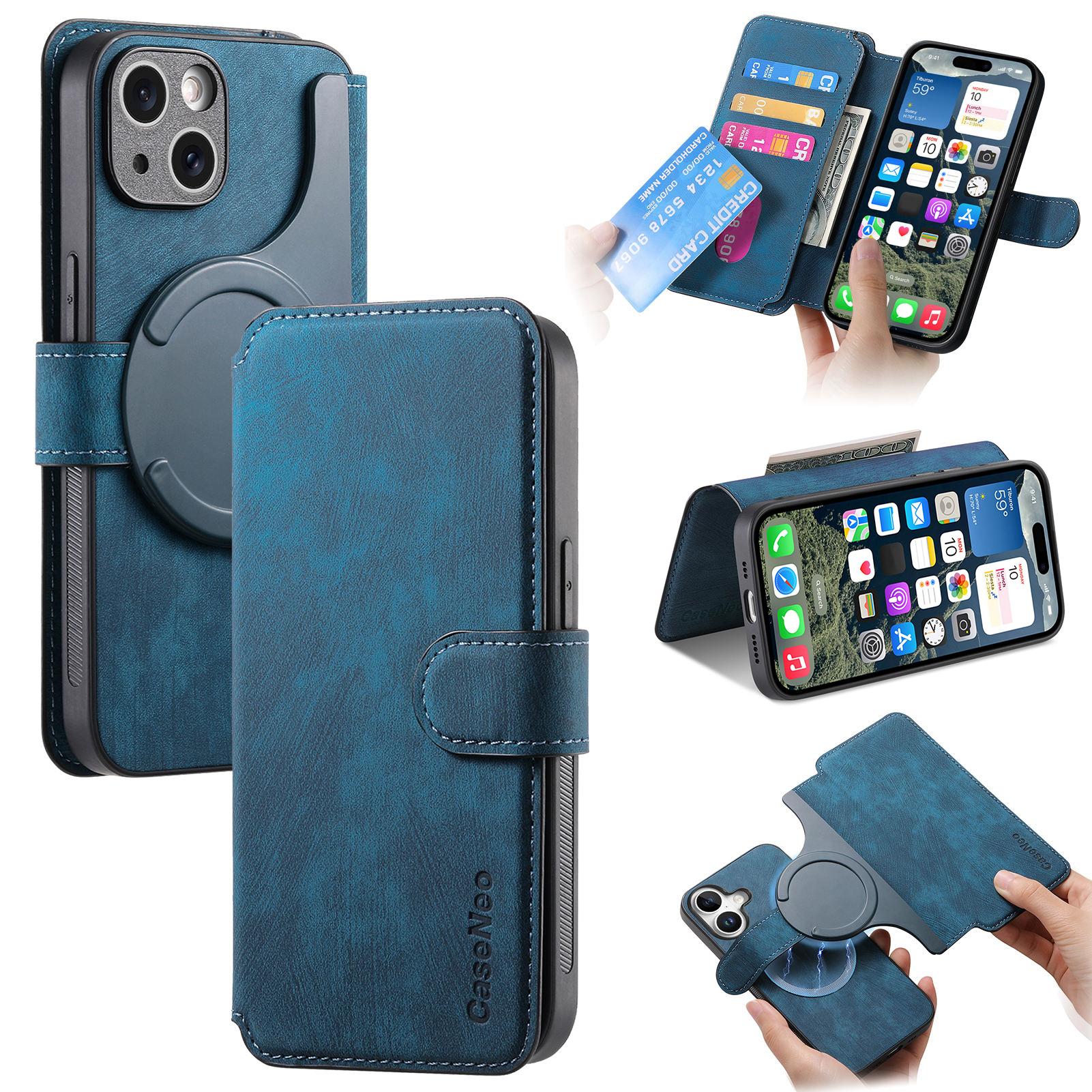 

Для iPhone 16 Магнитный чехол CASENEO Съемная кожаная обложка-кошелек для телефона Dark Blue