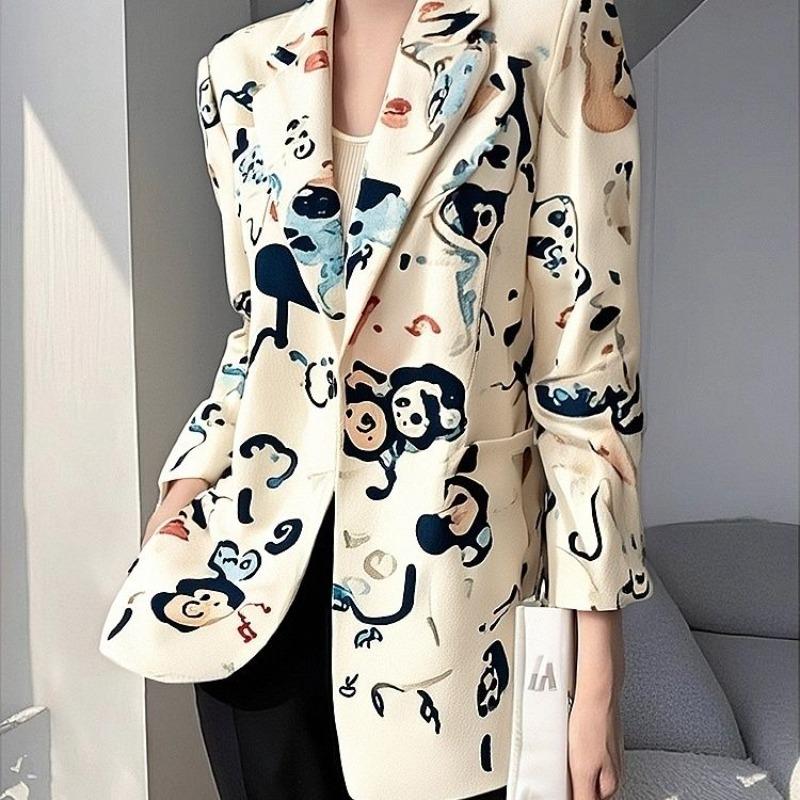Beige Printed Fashion Blazer Spring Autumn New Stylish Casual Korean Style Coat