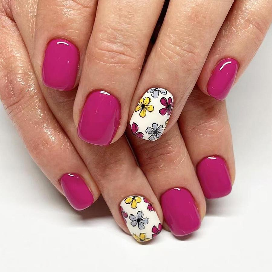 

Sweet Floral Multi-Color Press-On Square Nails – 24 Glossy Rose Purple Pieces for Spring/Summer