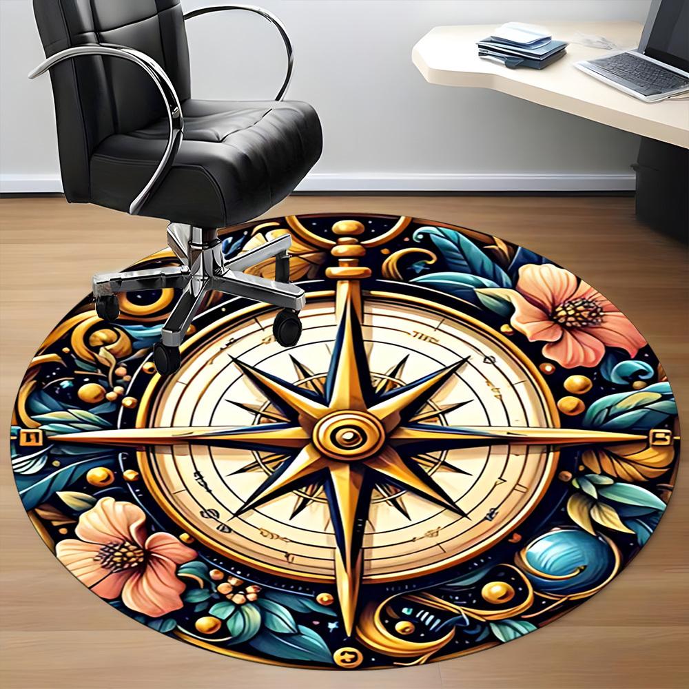 1pc Compass Floral Office Round Area Rug, Indoor Mat Suitable For Office, Under Office Chairs Bedroom Living Room Home Decor, Room Deco