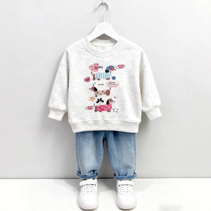 Kids' Cute Dachshund Cartoon Hoodie - Round Neck, Plus Velvet, Autumn/Winter Pullover for Boys and Girls