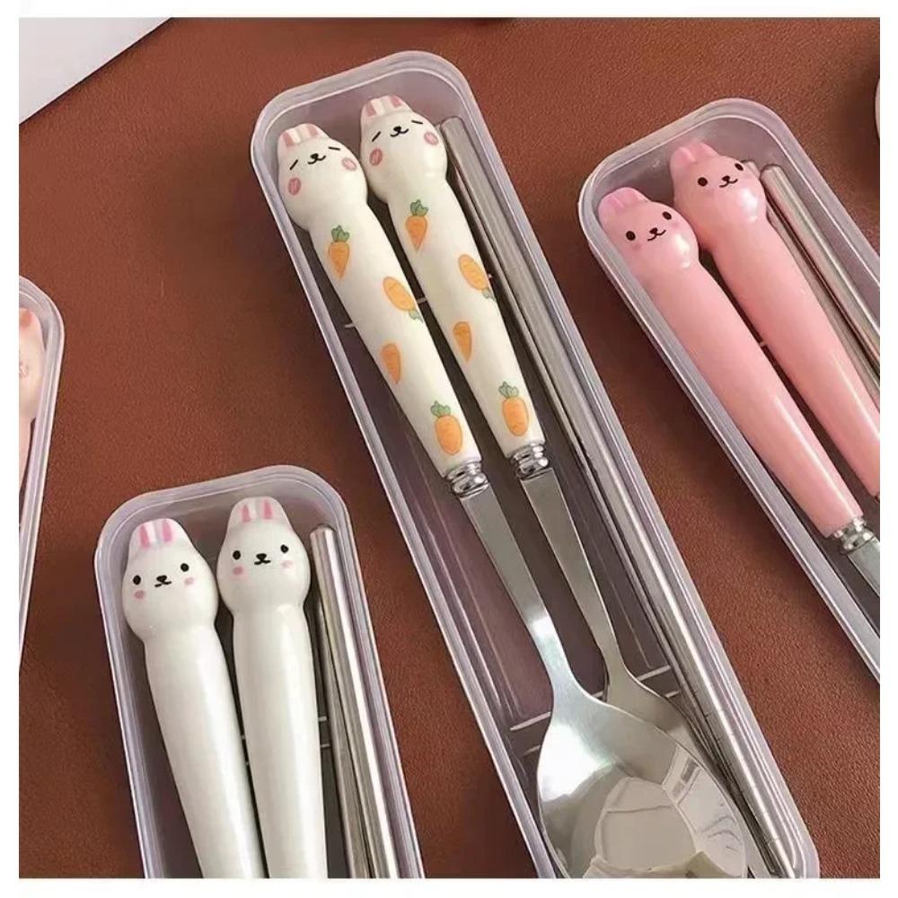 Cutlery Fork Stainless Tableware Chopsticks Rabbit Portable Supplies Dinnerware Spoon Cartoon Lunch Kitchen Steel Travel Sets