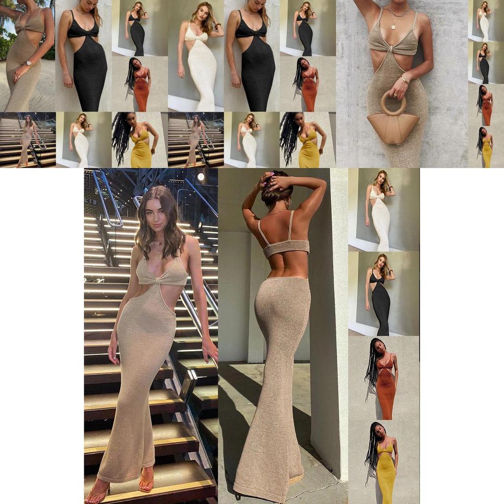 Spaghetti Maxi Dresse Strap Hollow Out Bodycon Dress Backless Cut Out Wrap Dress