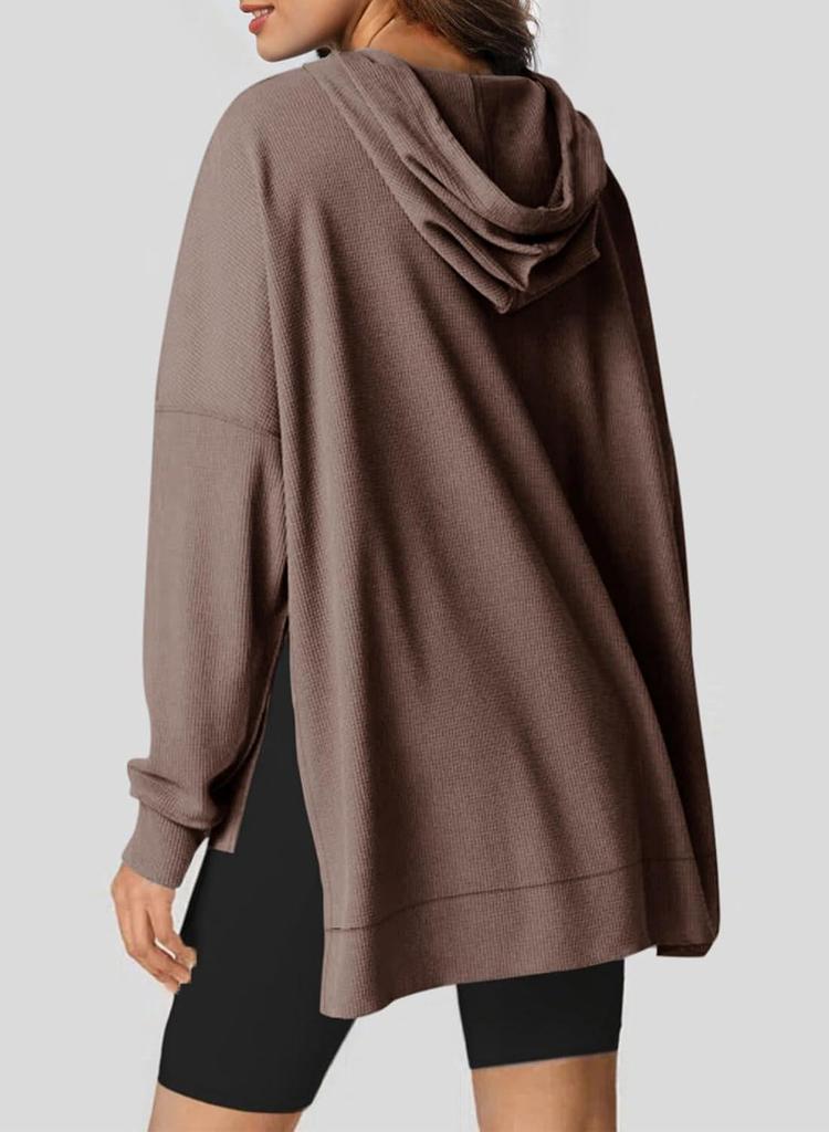 2024 Women's Hooded Waffle Knit Pullover Sweatshirt with Pocket, Long Sleeve, Autumn/Winter