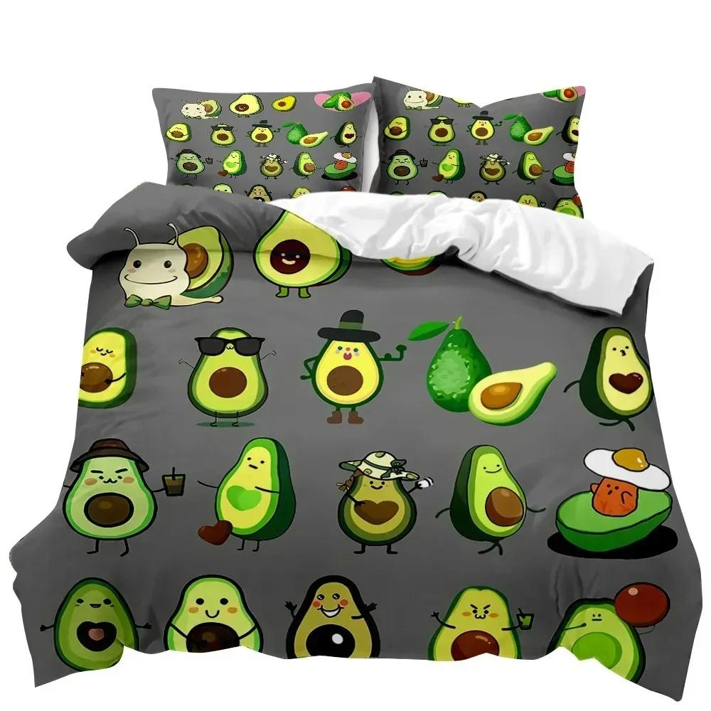 Avocado Duvet Cover Set Queen Size 3D Printed Cartoon Funny Faces Avocado Bedding Set Green White,Tropical Botanical Quilt Cover