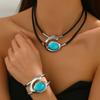 Simia style necklace and bracelet set, double black rope design, with oval black rhinestone pendant, ladies fashion jewelry