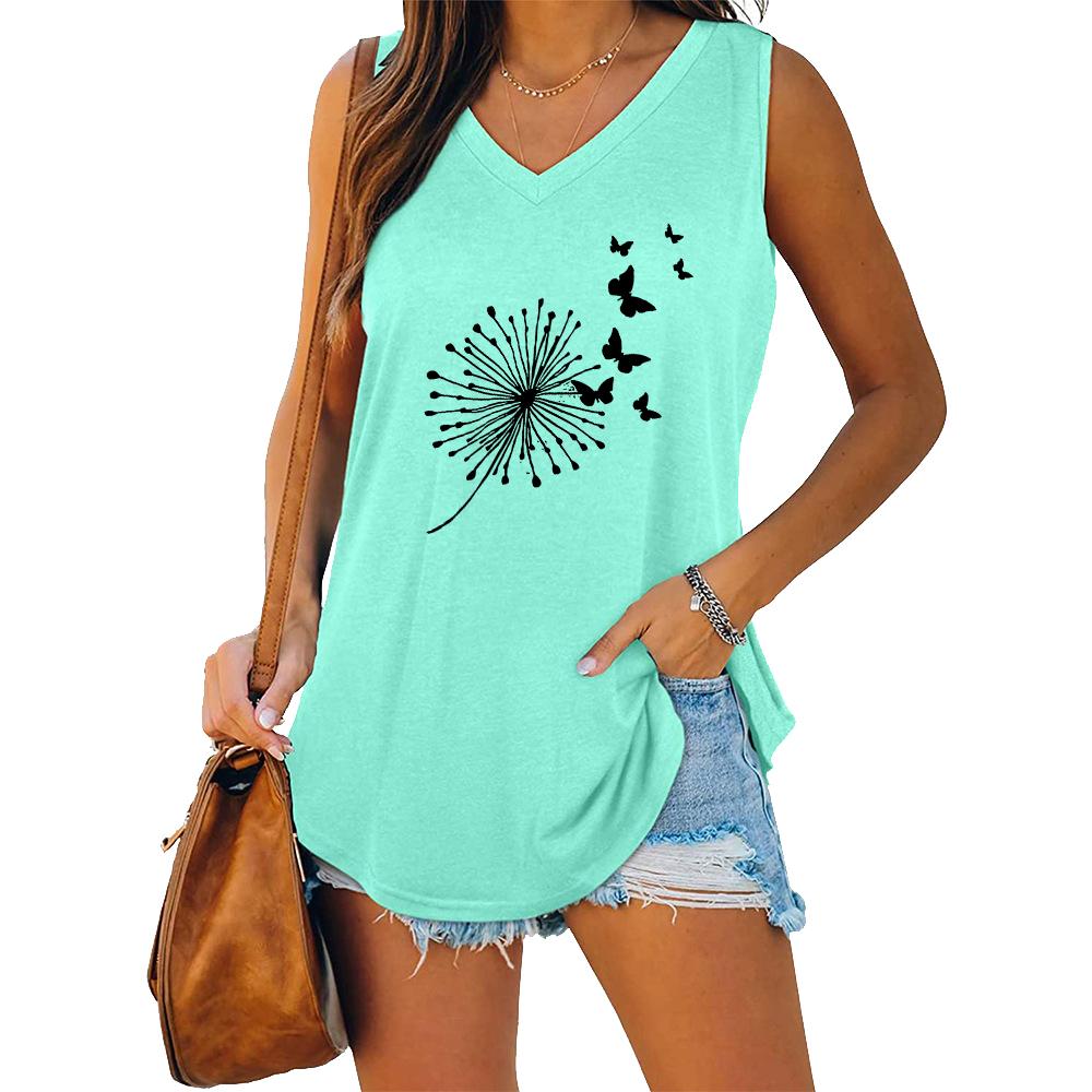 Women Fashion V Neck Tank Top Summer Casual Printed Sleeveless Top