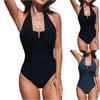 Women's Fashion Color Mesh Patchwork  Neck Tie Drawstring One-Piece Swimsuit