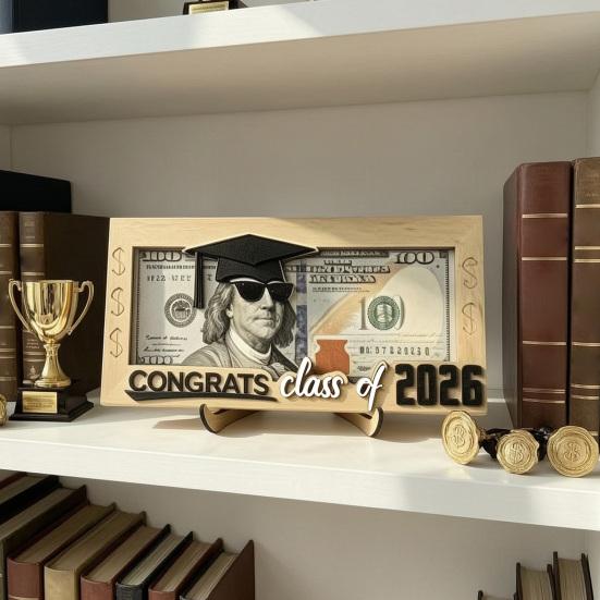 Graduation Money Holder, Class of 2026 Grad Card Gift Box, Wooden Cash Money Envelope Holder for High School College Graduates