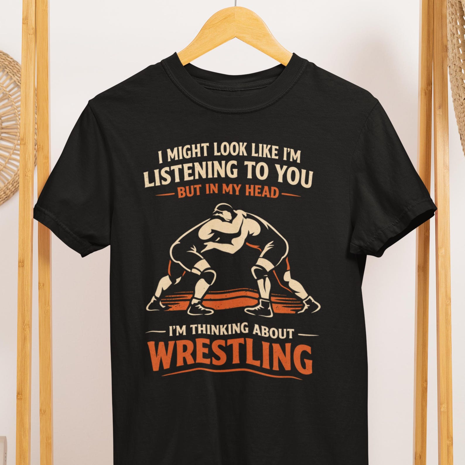 Wrestling Humor T-Shirt: Thinking About Wrestling Graphic Tee L