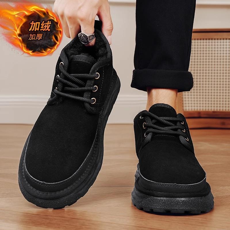 New winter velvet thickened cotton shoes with integrated leather and fur, non-slip thick-soled warm cotton shoes, snow boots.