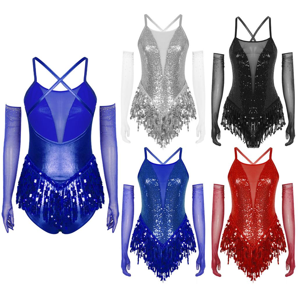 Ladies Latin Performance Leotard S-XXL Sequins Fringe Cross Back with 1 Pair Gloves for Tango Rumba Cha-Cha Samba Dance