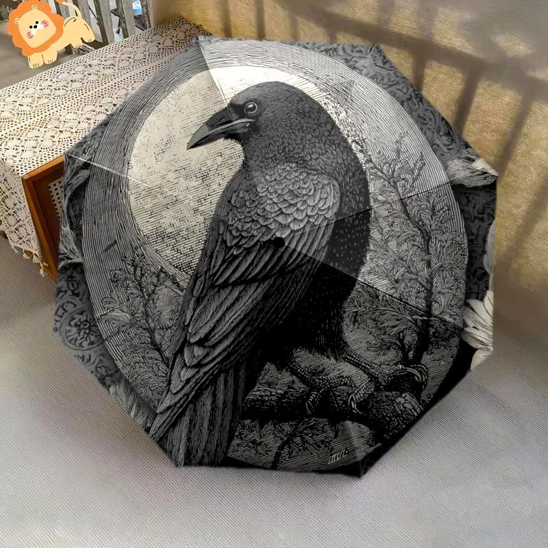 1 PC Automatic Folding Umbrella - Raven Pattern, Portable & Foldable Design with 8 Ribs, Christmas Birthday Gifts