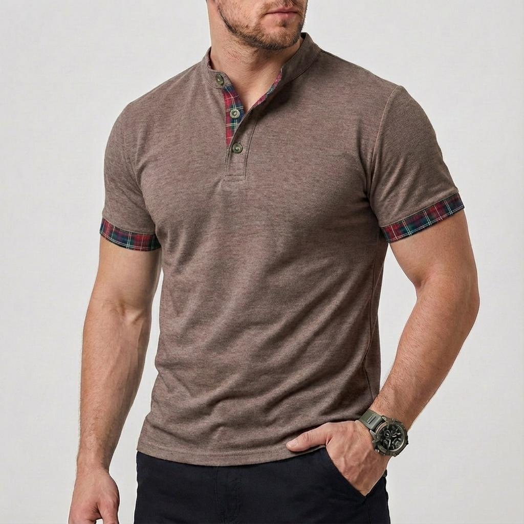 Men's Casual and Fashionable Color-blocked Checkered Shirt, Men's Short-sleeved Stand-up Collar Fitted Top