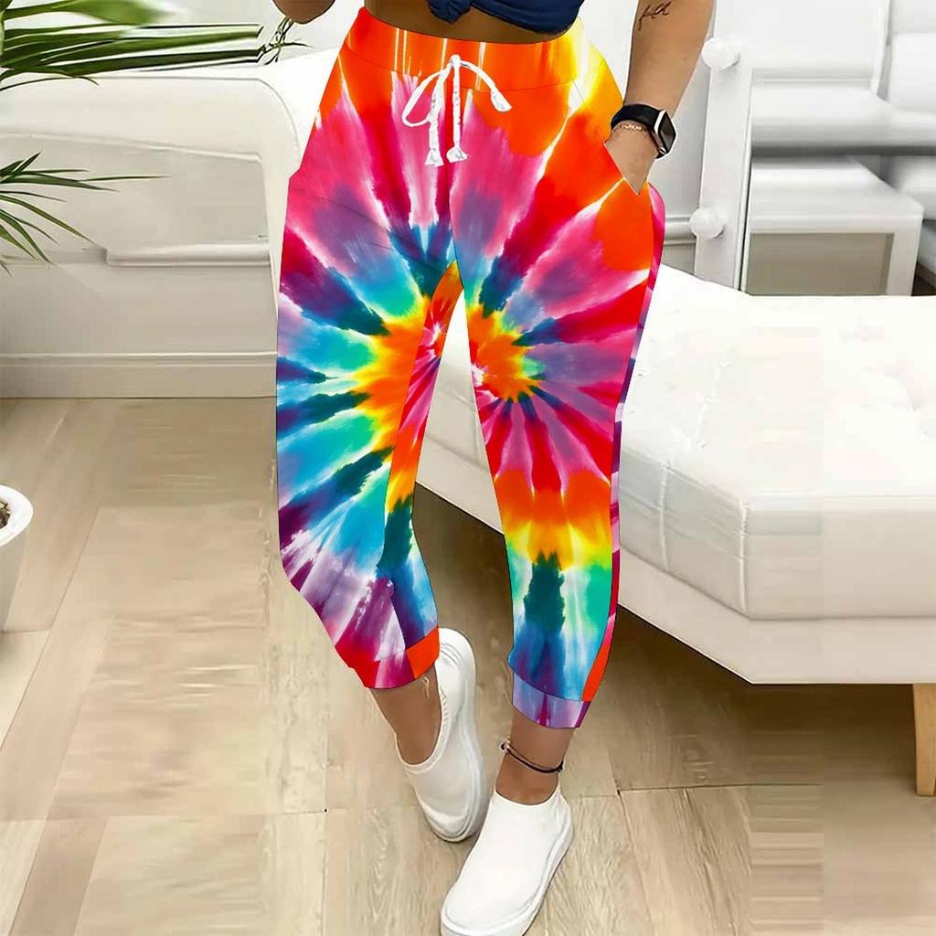 Sommer Damen Spiral Tie-Dye Print Jogginghose Lockerer Schnitt Kordelzug Jogger Elastischer Bund Tägliche Freizeit Hose