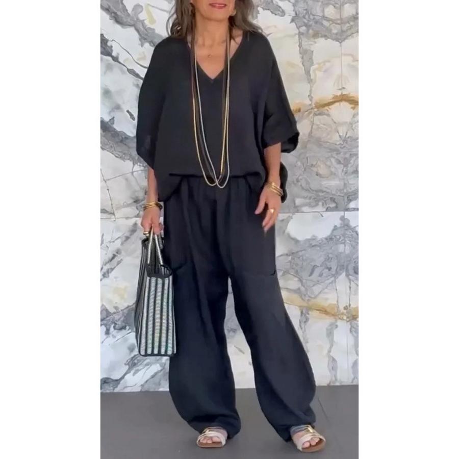 New Women's Casual V-Neck Loose Pocket Sleeveless Cotton Linen Set