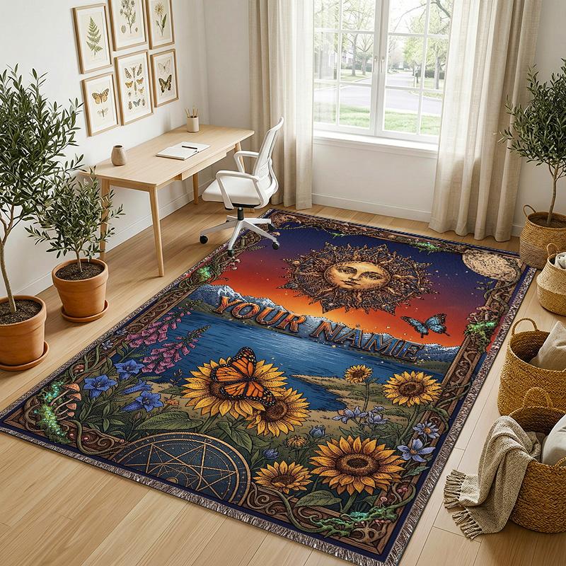 Floral Garden Theme Crystal Velvet Rug Personalized Custom Name Text Soft Floor Mat Home Decor