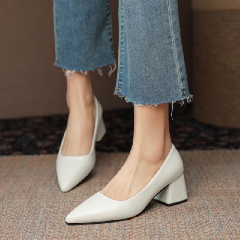 Spring Thick Heels Basic Pumps for Women Solid Color Pointed Toe High Heel Office Shoe Woman Shallow Mouth Plus Size Pumps 35-41
